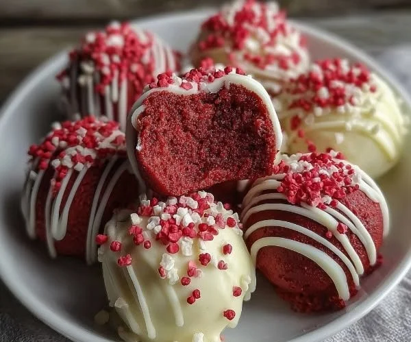 Delicious red velvet truffles shaped like hearts on a decorative plate