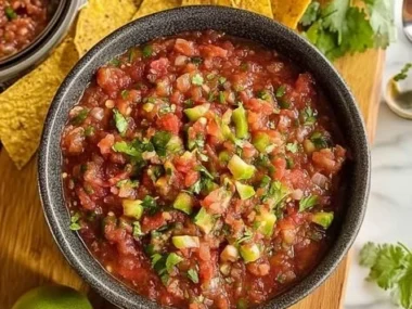 Bowl of vibrant restaurant-style salsa made with fresh tomatoes and herbs.