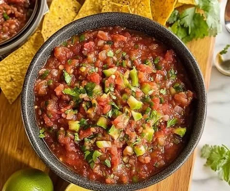 Bowl of vibrant restaurant-style salsa made with fresh tomatoes and herbs.