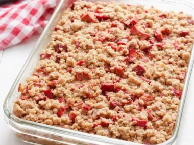 Freshly baked Rhubarb Streusel Cake with a crumbly topping