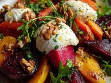 Roasted beets and carrots salad topped with burrata cheese on a plate