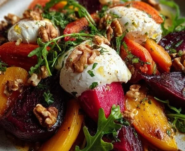 Roasted beets and carrots salad topped with burrata cheese on a plate