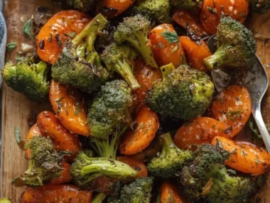 Delicious roasted broccoli and carrots served as a healthy side dish.