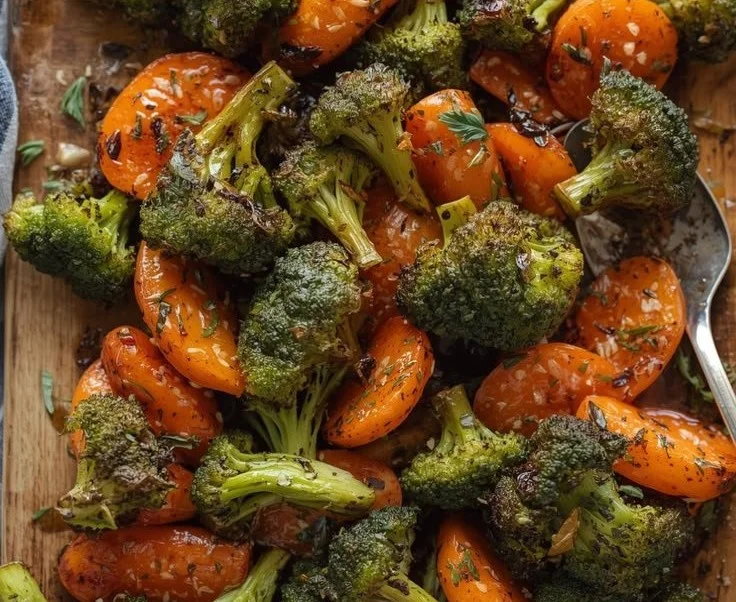 Delicious roasted broccoli and carrots served as a healthy side dish.