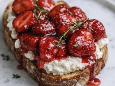Delicious roasted strawberry whipped ricotta toast topped with fresh strawberries.