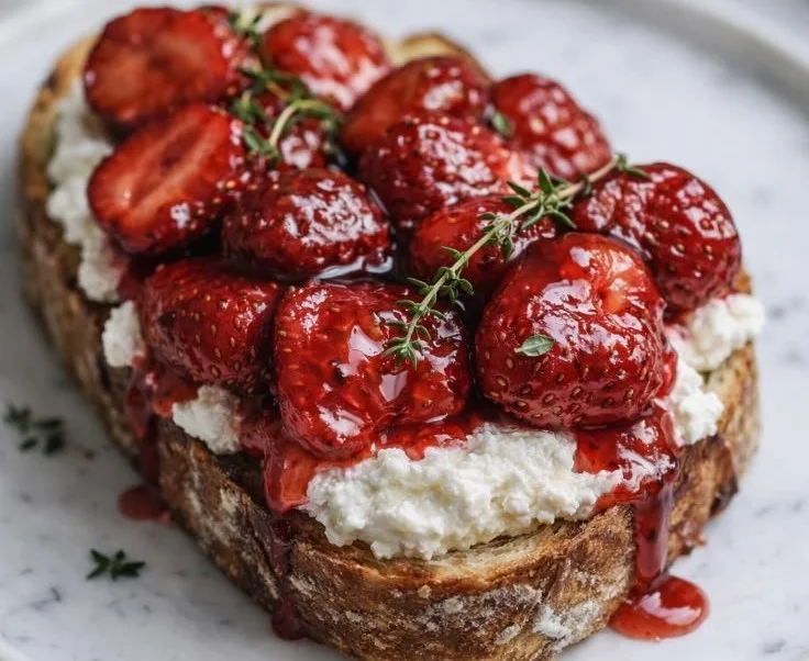 Delicious roasted strawberry whipped ricotta toast topped with fresh strawberries.