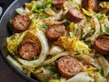 Sausage Cabbage Skillet meal served in a pan with fresh ingredients