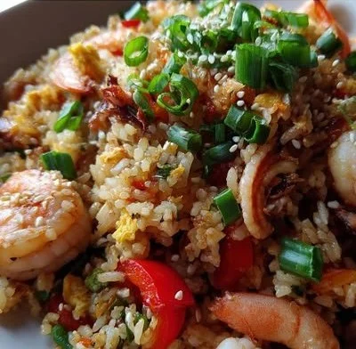 Delicious seafood fried rice with shrimp, scallops, and vegetables