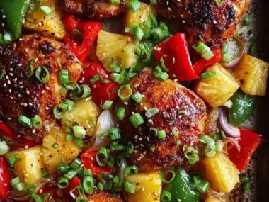 Sheet Pan Chicken with Pineapple and Bell Peppers ready to serve.