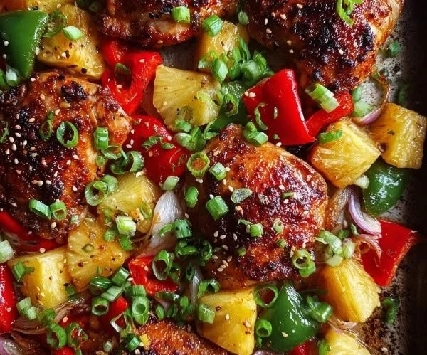 Sheet Pan Chicken with Pineapple and Bell Peppers ready to serve.
