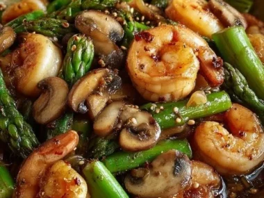 Shrimp stir-fry with asparagus and mushrooms served in a bowl