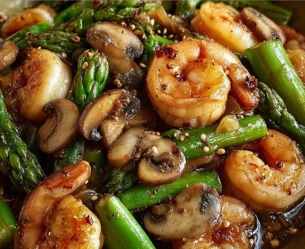 Shrimp stir-fry with asparagus and mushrooms served in a bowl