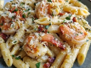 Shrimp Scampi Pasta Bake, a creamy pasta dish with shrimp and cheese