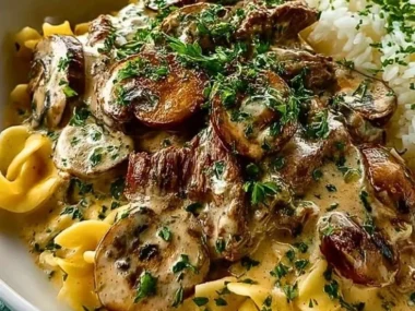 Delicious plate of leftover roast beef stroganoff served with noodles