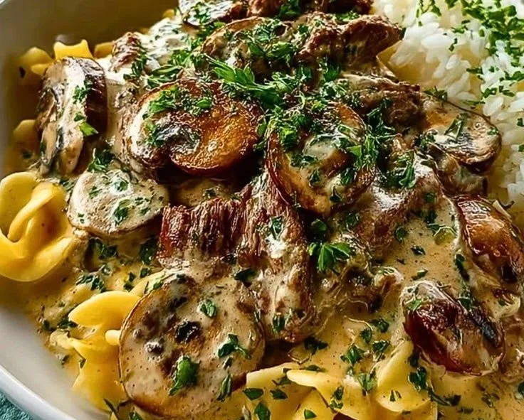 Delicious plate of leftover roast beef stroganoff served with noodles