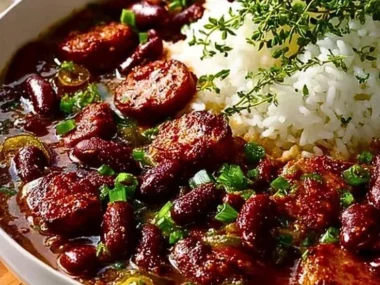 Bowl of simple red beans and rice garnished with parsley