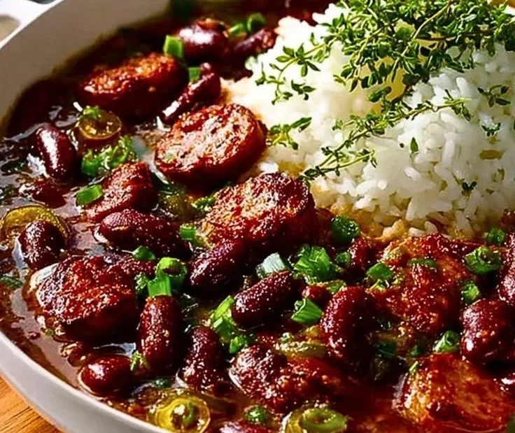 Bowl of simple red beans and rice garnished with parsley