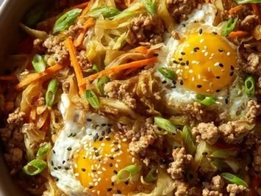Skillet Egg Roll Bowl with fresh vegetables and protein in a savory sauce