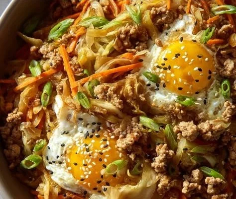 Skillet Egg Roll Bowl with fresh vegetables and protein in a savory sauce