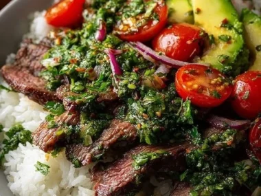 Skirt steak rice bowl drizzled with chimichurri sauce on a wooden table