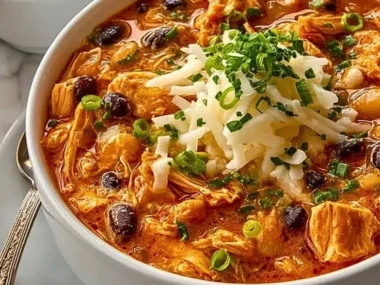 Bowl of slow cooker buffalo chicken chili topped with green onions and cheese