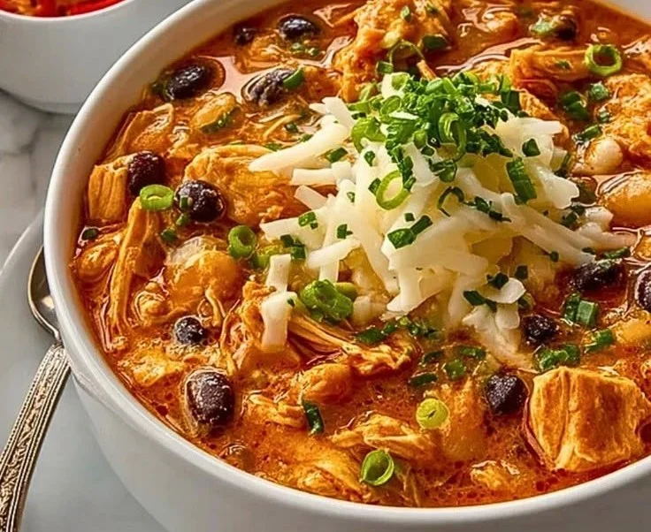Bowl of slow cooker buffalo chicken chili topped with green onions and cheese