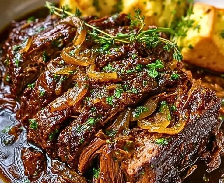 Slow Cooker French Onion Pot Roast served with onions and herbs