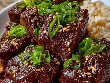Delicious Slow Cooker Korean Short Ribs served with vegetables on a plate.