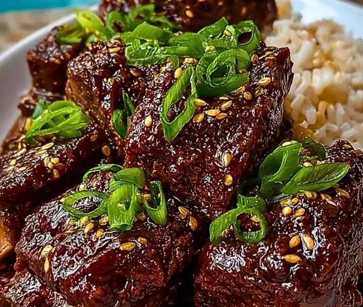 Delicious Slow Cooker Korean Short Ribs served with vegetables on a plate.