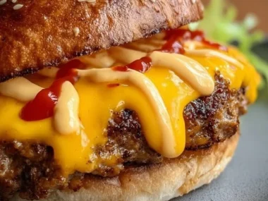 Savory Smash Burger with special sauce served on a wooden board