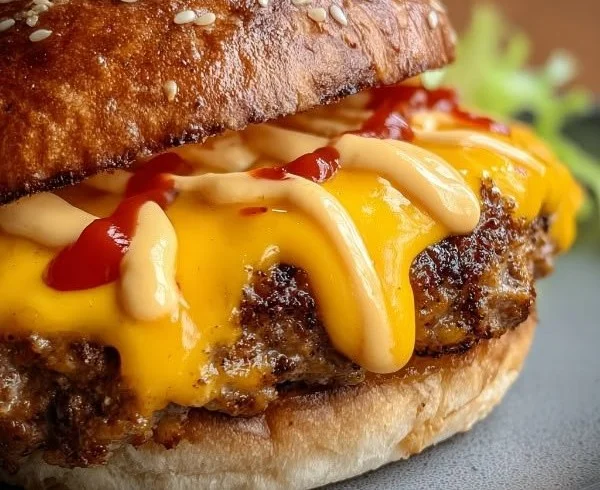 Savory Smash Burger with special sauce served on a wooden board
