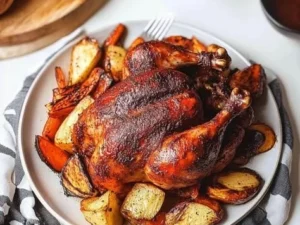 Deliciously smoked whole chicken on a serving platter