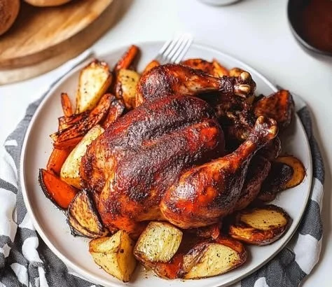 Deliciously smoked whole chicken on a serving platter