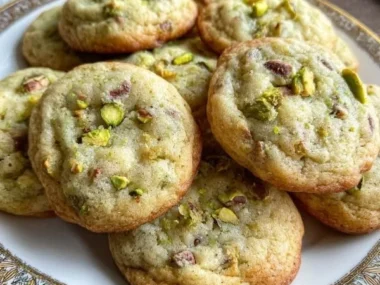 Soft and chewy pistachio pudding cookies on a plate