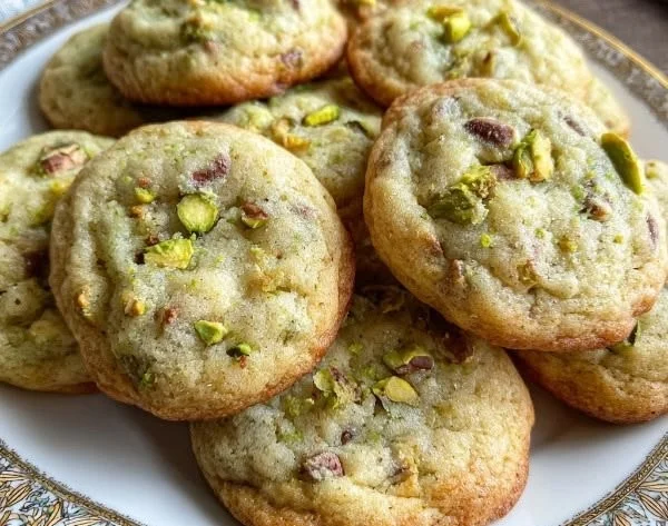 Soft and chewy pistachio pudding cookies on a plate