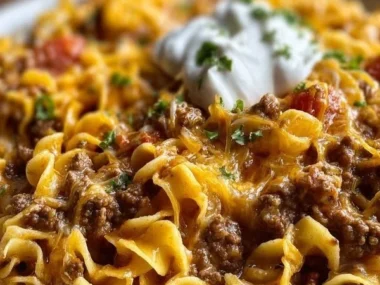 Sour Cream Beef Noodle Casserole served in a baking dish garnished with herbs.