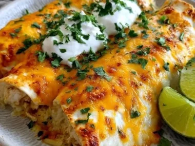 Sour Cream Chicken Enchiladas topped with creamy sauce and cheese