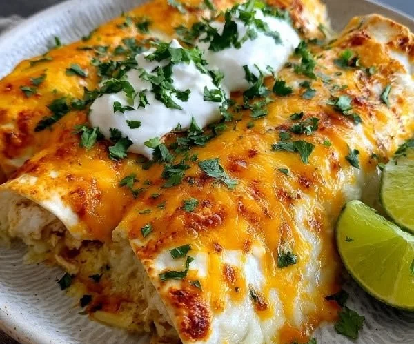 Sour Cream Chicken Enchiladas topped with creamy sauce and cheese