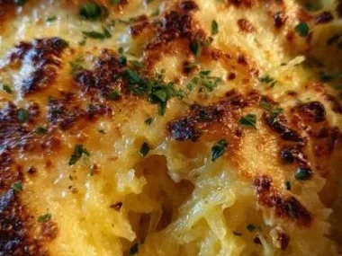 Baked spaghetti squash au gratin topped with cheese and herbs