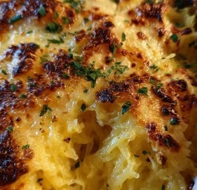 Baked spaghetti squash au gratin topped with cheese and herbs
