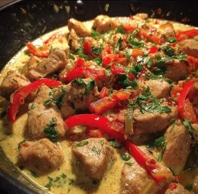 Delicious Spicy Brazilian Coconut Chicken garnished with fresh herbs