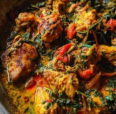 Delicious Spicy Brazilian Coconut Chicken served with fresh herbs.