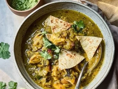 Delicious Spicy Chicken Green Chili served in a bowl with fresh herbs