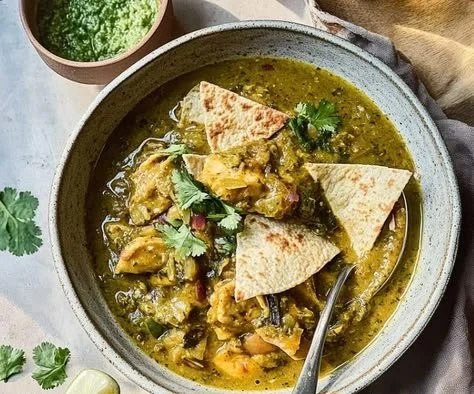 Delicious Spicy Chicken Green Chili served in a bowl with fresh herbs