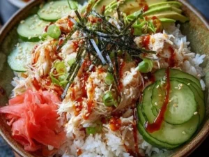 Delicious spicy crab sushi bowl with fresh ingredients and vibrant colors