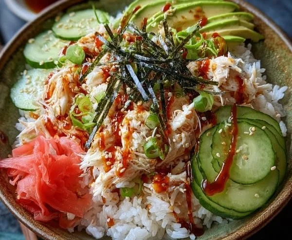 Delicious spicy crab sushi bowl with fresh ingredients and vibrant colors