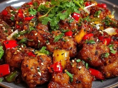 Delicious Spicy Dragon Chicken served with vibrant vegetables