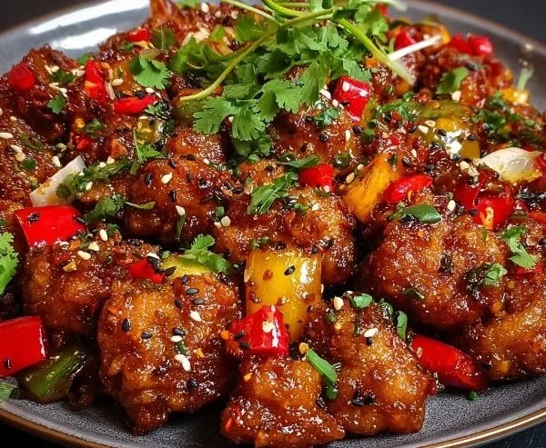 Delicious Spicy Dragon Chicken served with vibrant vegetables