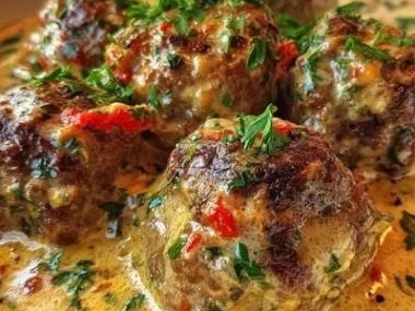 Spicy keto meatballs in a creamy sauce on a plate