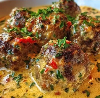 Spicy keto meatballs in a creamy sauce on a plate